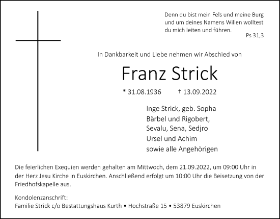 Anzeige von Franz Strick von Kölner Stadt-Anzeiger / Kölnische Rundschau / Express