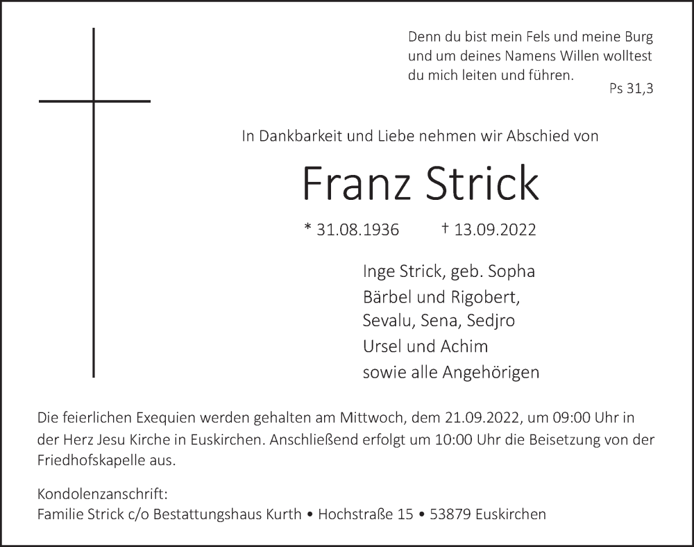  Traueranzeige für Franz Strick vom 17.09.2022 aus  Blickpunkt Euskirchen 