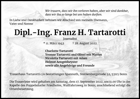 Anzeige von Franz H. Tartarotti von Kölner Stadt-Anzeiger / Kölnische Rundschau / Express