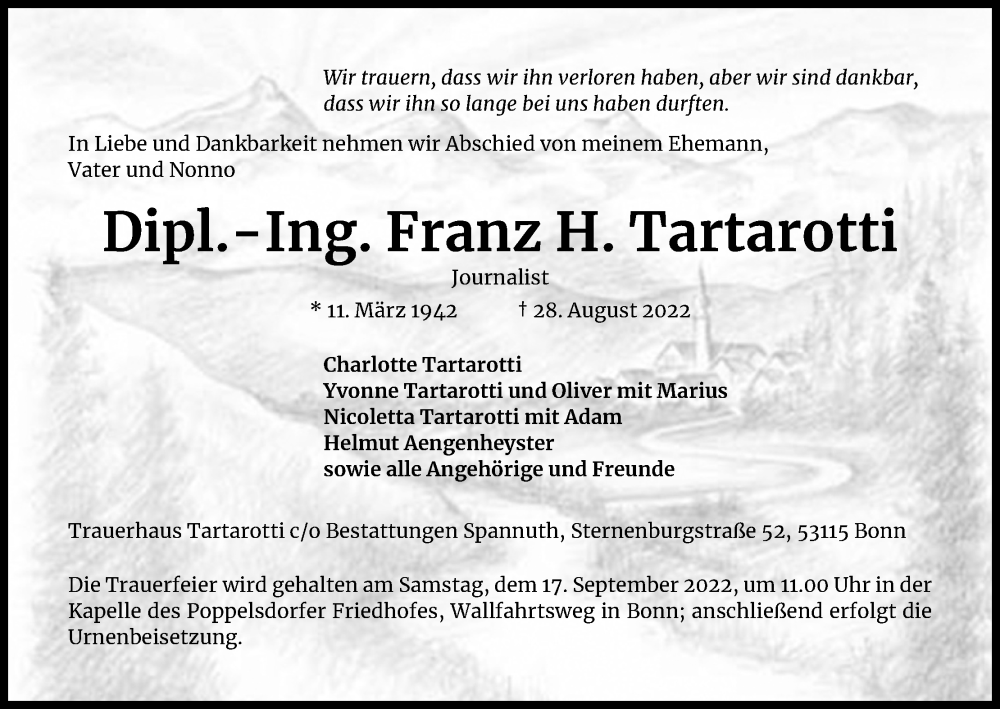 Traueranzeige für Franz H. Tartarotti vom 10.09.2022 aus Kölner Stadt-Anzeiger / Kölnische Rundschau / Express