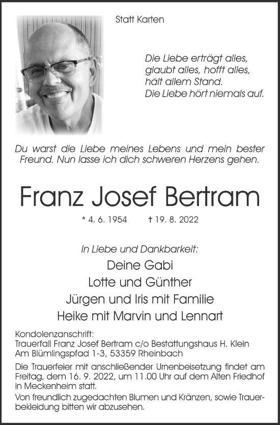 Anzeige von Franz Josef Bertram von  Schaufenster/Blickpunkt 