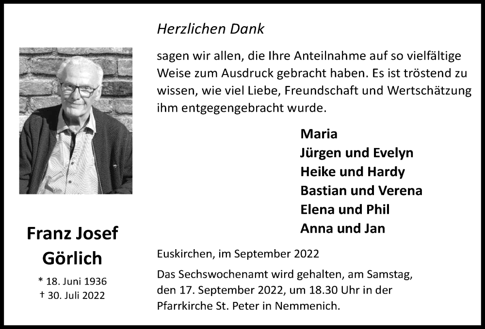 Traueranzeige für Franz Josef Görlich vom 10.09.2022 aus  Blickpunkt Euskirchen 