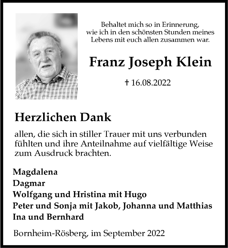  Traueranzeige für Franz Joseph Klein vom 30.09.2022 aus  Schaufenster/Blickpunkt 