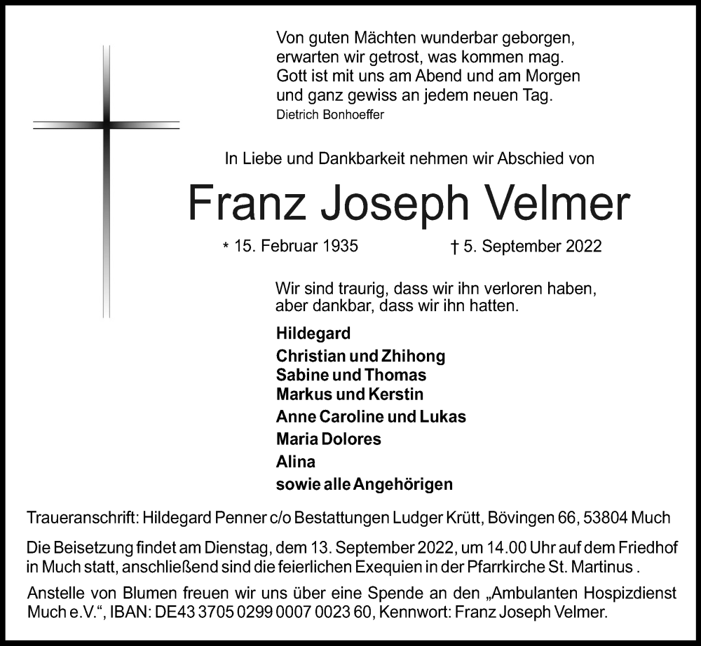  Traueranzeige für Franz Joseph Velmer vom 10.09.2022 aus Kölner Stadt-Anzeiger / Kölnische Rundschau / Express