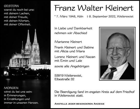 Anzeige von Franz Walter Kleinert von Kölner Stadt-Anzeiger / Kölnische Rundschau / Express