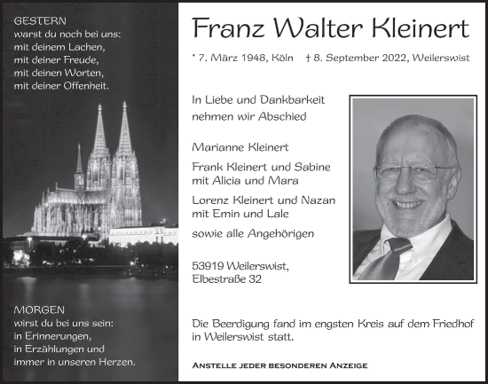 Anzeige von Franz Walter Kleinert von  Blickpunkt Euskirchen 