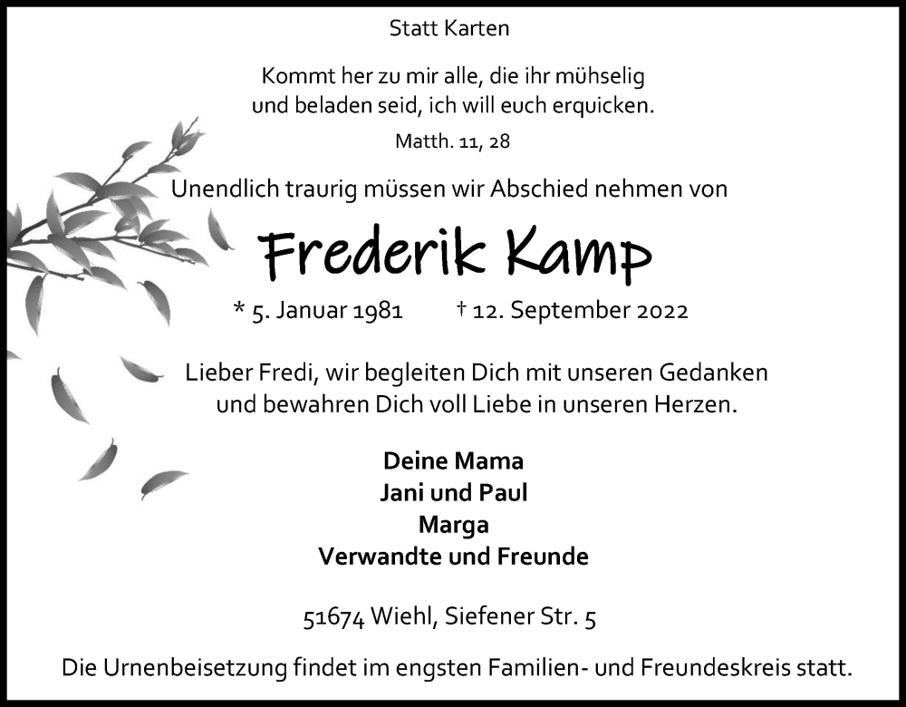  Traueranzeige für Frederik Kamp vom 17.09.2022 aus Kölner Stadt-Anzeiger / Kölnische Rundschau / Express