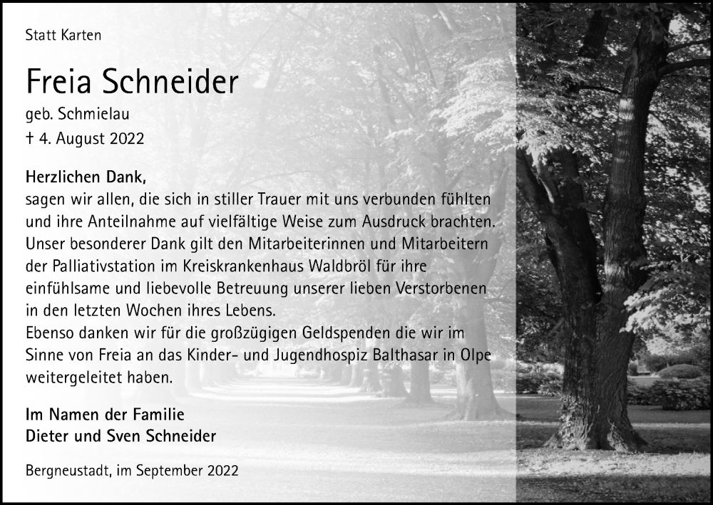  Traueranzeige für Freia Schneider vom 03.09.2022 aus Kölner Stadt-Anzeiger / Kölnische Rundschau / Express