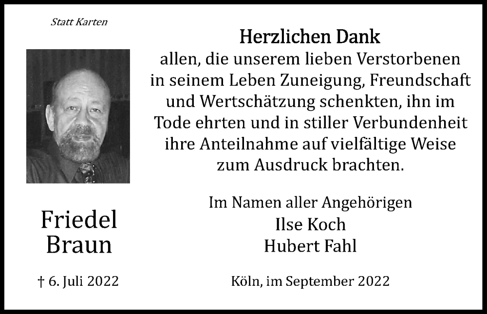  Traueranzeige für Friedel Braun vom 24.09.2022 aus Kölner Stadt-Anzeiger / Kölnische Rundschau / Express