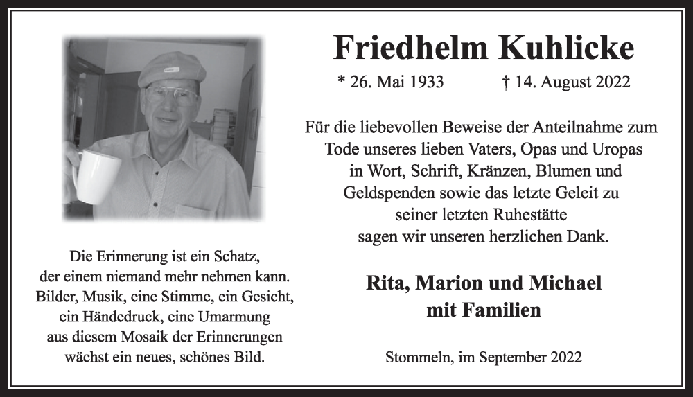  Traueranzeige für Friedhelm Kuhlicke vom 09.09.2022 aus  Wochenende 
