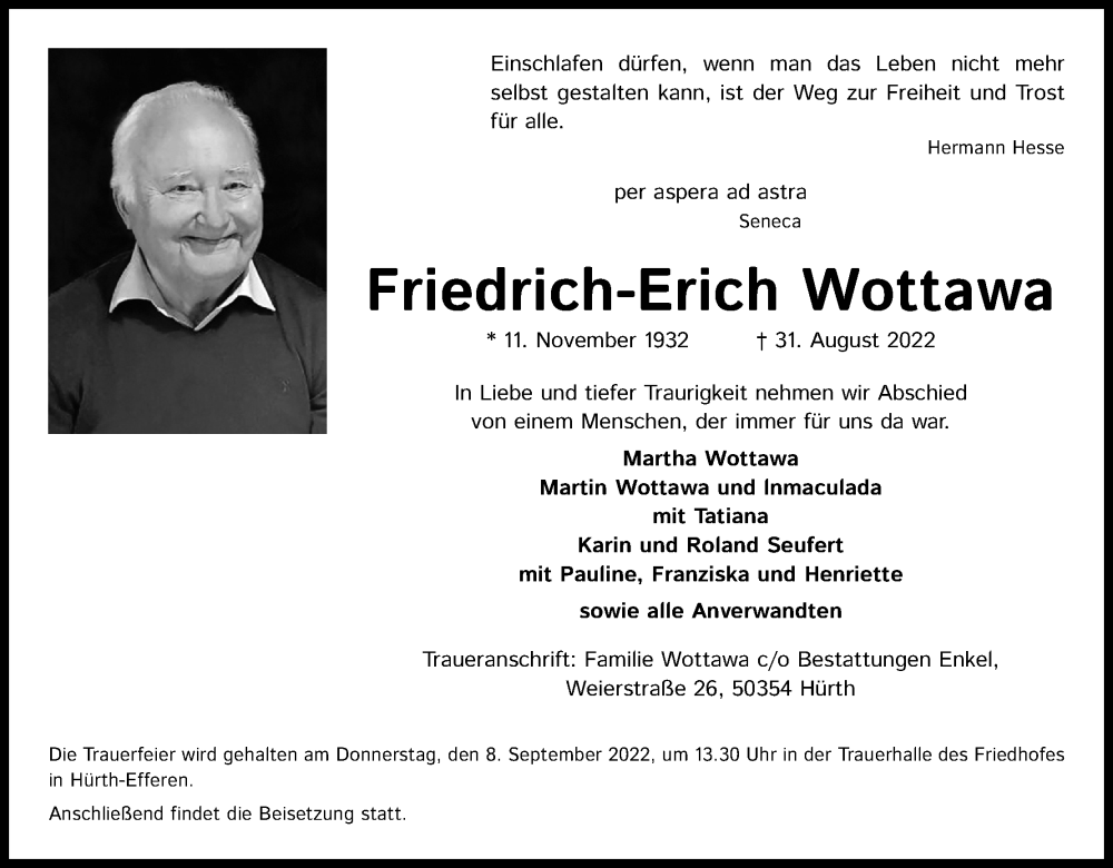  Traueranzeige für Friedrich-Erich Wottawa vom 03.09.2022 aus Kölner Stadt-Anzeiger / Kölnische Rundschau / Express