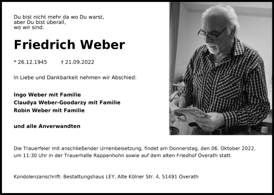 Anzeige von Friedrich Weber von Kölner Stadt-Anzeiger / Kölnische Rundschau / Express