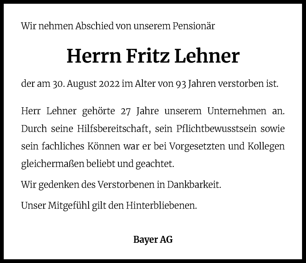  Traueranzeige für Fritz Lehner vom 05.09.2022 aus Kölner Stadt-Anzeiger / Kölnische Rundschau / Express