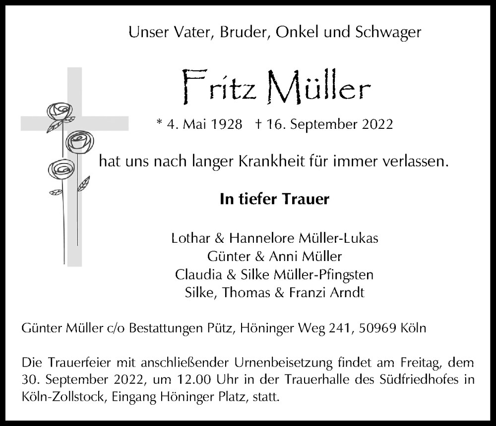  Traueranzeige für Fritz Müller vom 24.09.2022 aus Kölner Stadt-Anzeiger / Kölnische Rundschau / Express
