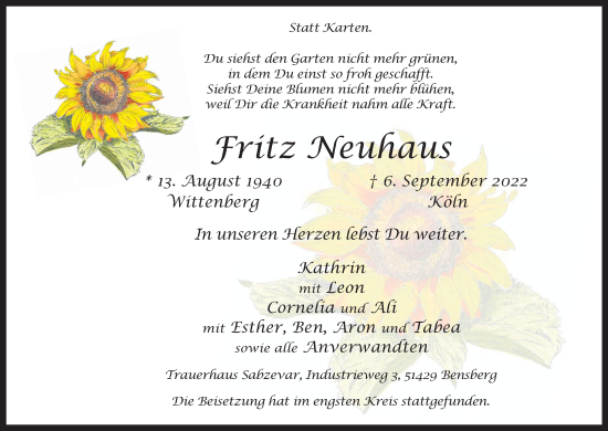 Anzeige von Fritz Neuhaus von Kölner Stadt-Anzeiger / Kölnische Rundschau / Express