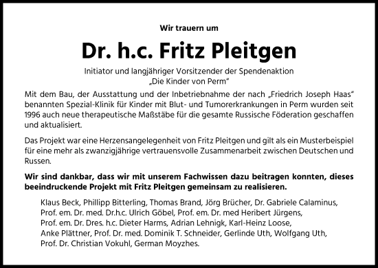 Anzeige von Fritz Pleitgen von Kölner Stadt-Anzeiger / Kölnische Rundschau / Express