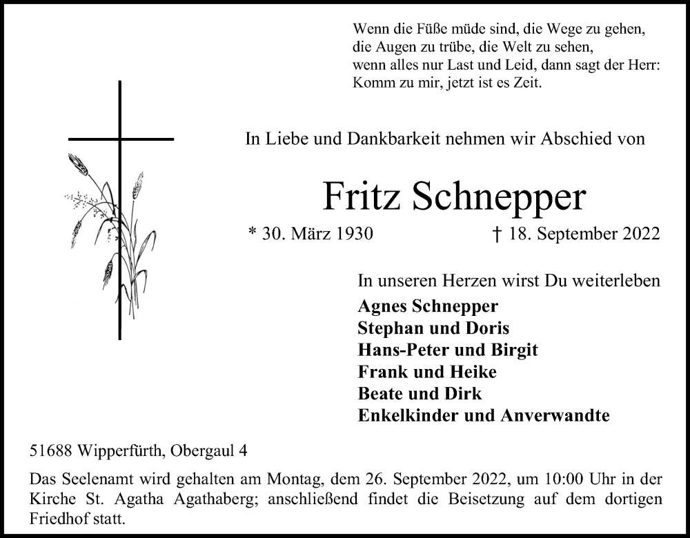  Traueranzeige für Fritz Schnepper vom 21.09.2022 aus Kölner Stadt-Anzeiger / Kölnische Rundschau / Express