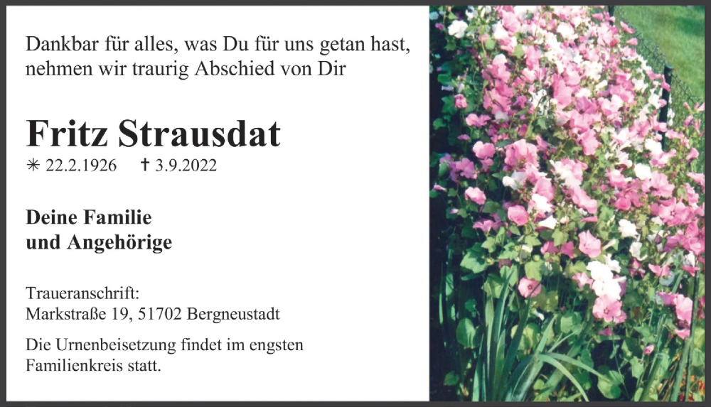  Traueranzeige für Fritz Strausdat vom 09.09.2022 aus  Anzeigen Echo 
