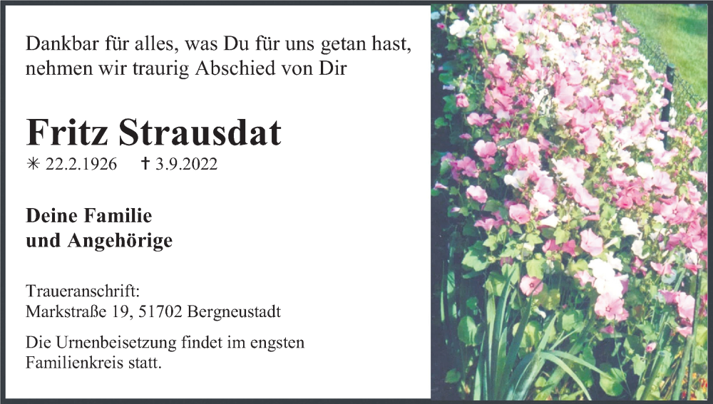  Traueranzeige für Fritz Strausdat vom 10.09.2022 aus Kölner Stadt-Anzeiger / Kölnische Rundschau / Express