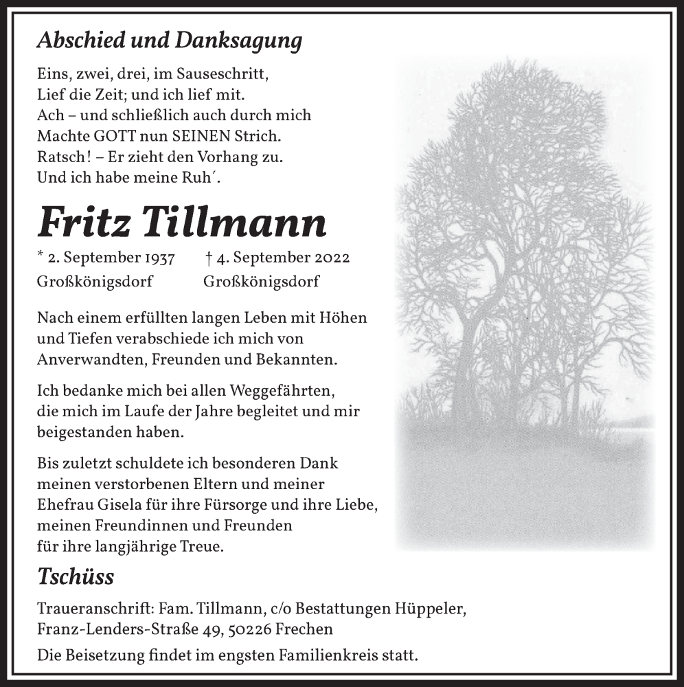  Traueranzeige für Fritz Tillmann vom 09.09.2022 aus  Wochenende 