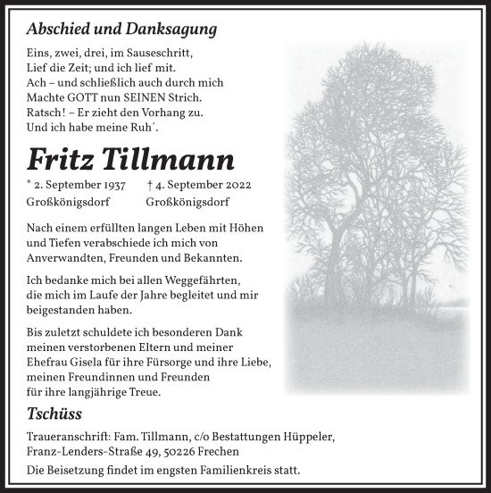 Anzeige von Fritz Tillmann von  Wochenende 