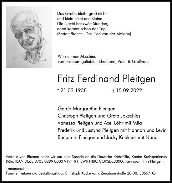Anzeige von Fritz Ferdinand Pleitgen von Kölner Stadt-Anzeiger / Kölnische Rundschau / Express