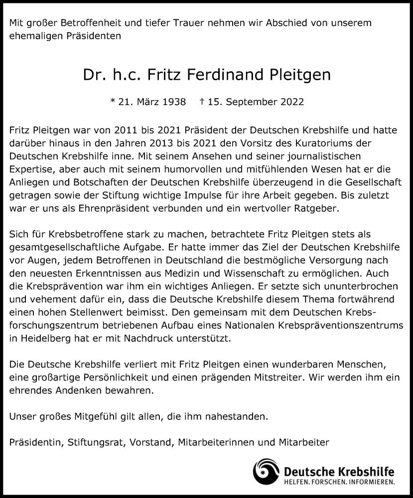  Traueranzeige für Fritz Ferdinand Pleitgen vom 24.09.2022 aus Kölner Stadt-Anzeiger / Kölnische Rundschau / Express
