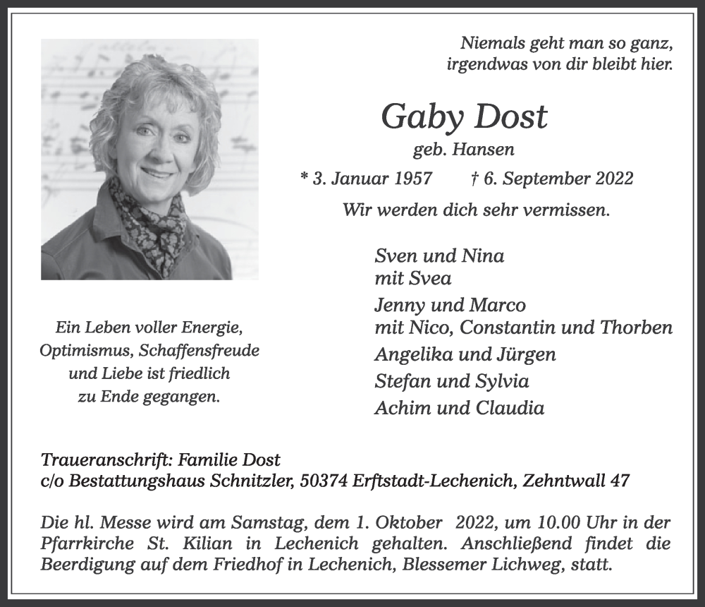  Traueranzeige für Gaby Dost vom 16.09.2022 aus  Werbepost 