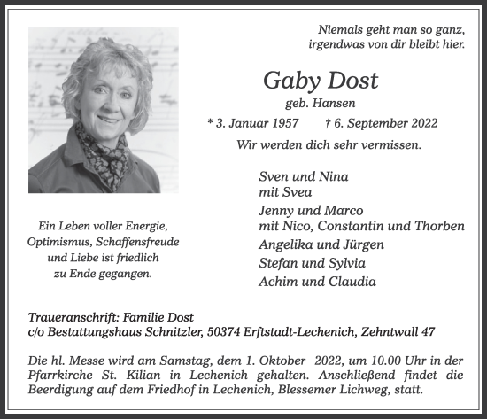 Anzeige von Gaby Dost von  Werbepost 