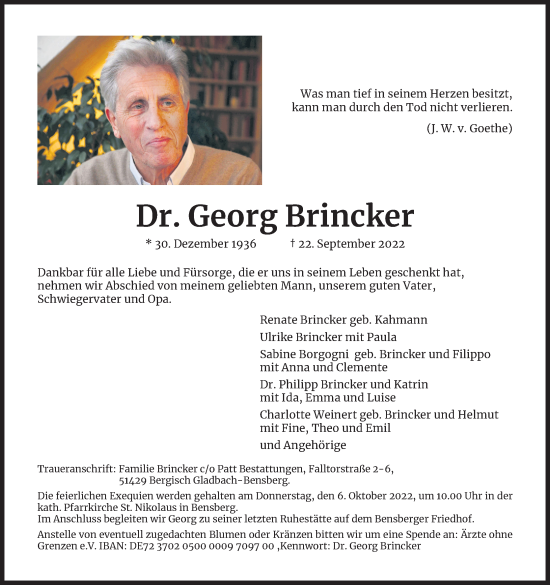 Anzeige von Georg Brincker von Kölner Stadt-Anzeiger / Kölnische Rundschau / Express