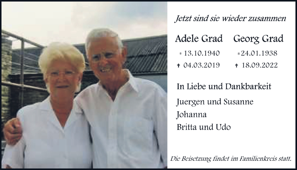  Traueranzeige für Georg Grad vom 23.09.2022 aus  Schlossbote/Werbekurier 