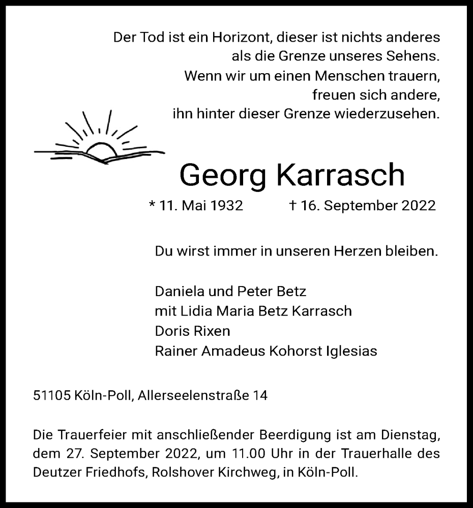  Traueranzeige für Georg Karrasch vom 22.09.2022 aus Kölner Stadt-Anzeiger / Kölnische Rundschau / Express