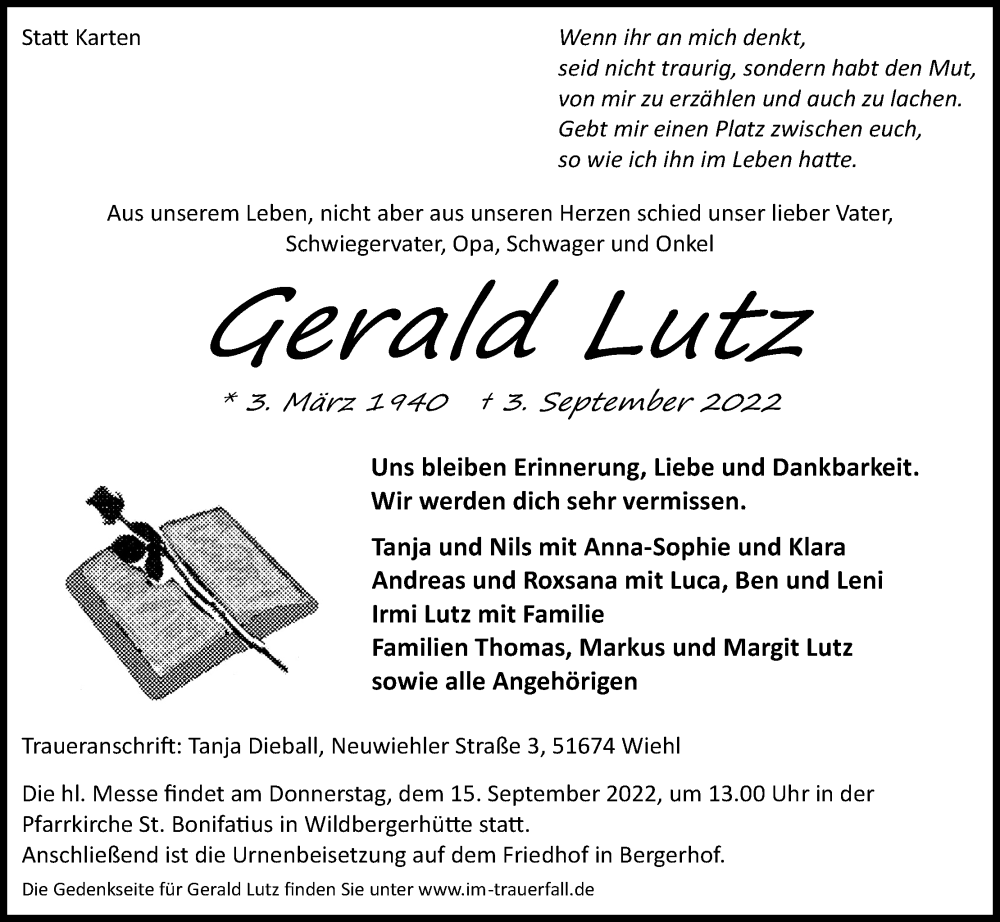  Traueranzeige für Gerald Lutz vom 10.09.2022 aus Kölner Stadt-Anzeiger / Kölnische Rundschau / Express