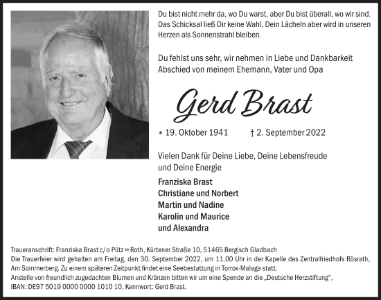 Anzeige von Gerd Brast von  Bergisches Handelsblatt 