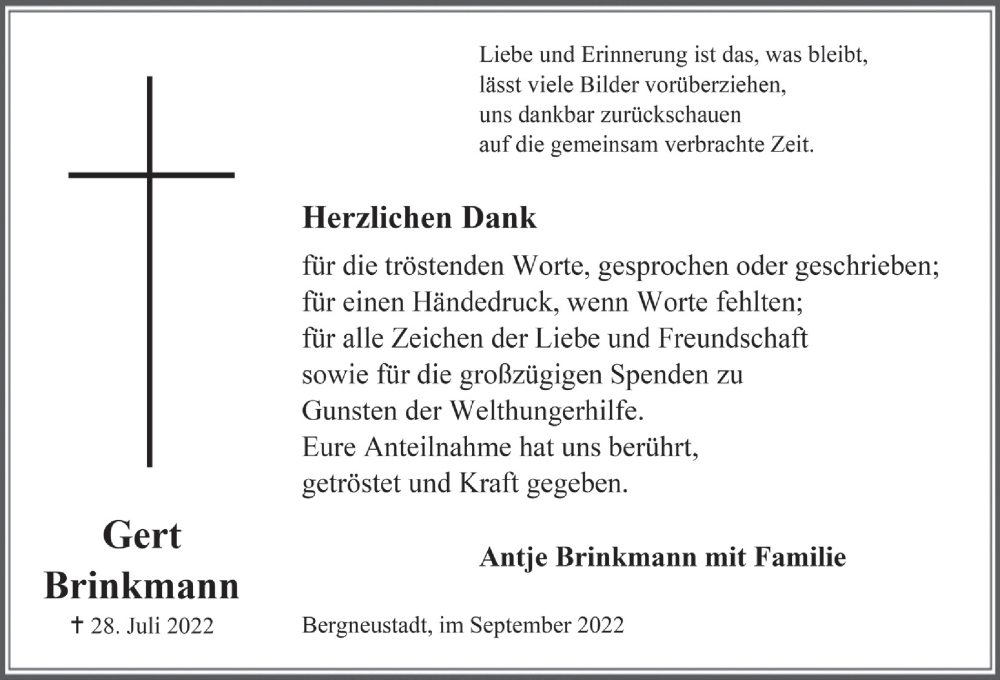  Traueranzeige für Gerd Brinkmann vom 23.09.2022 aus  Anzeigen Echo 