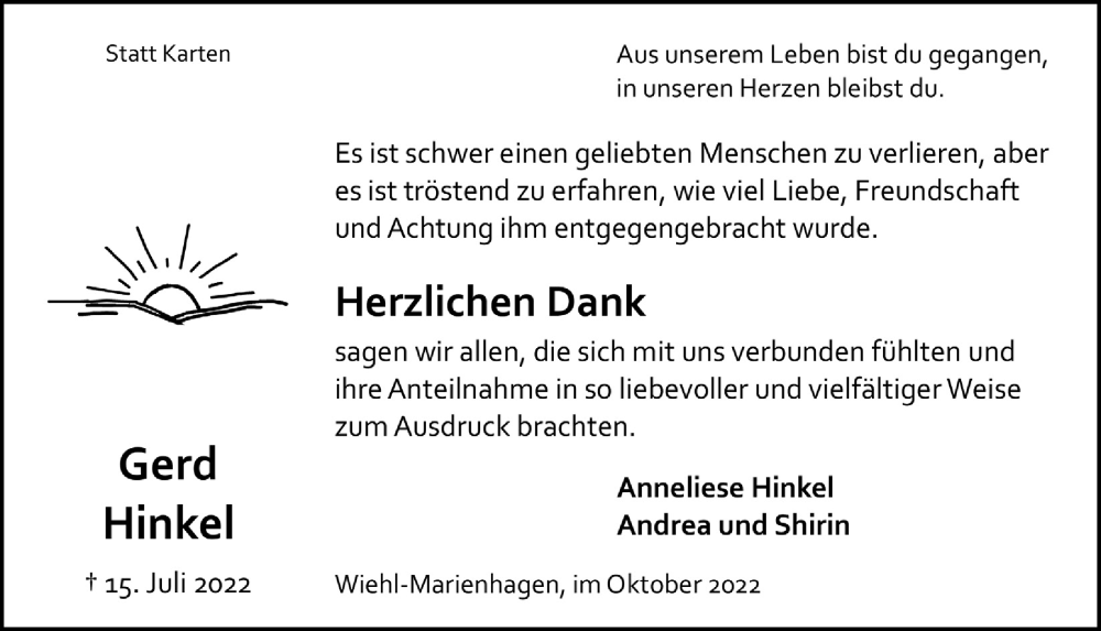  Traueranzeige für Gerd Hinkel vom 30.09.2022 aus  Anzeigen Echo 