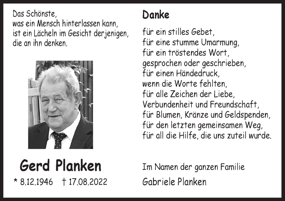  Traueranzeige für Gerd Planken vom 23.09.2022 aus  Anzeigen Echo 