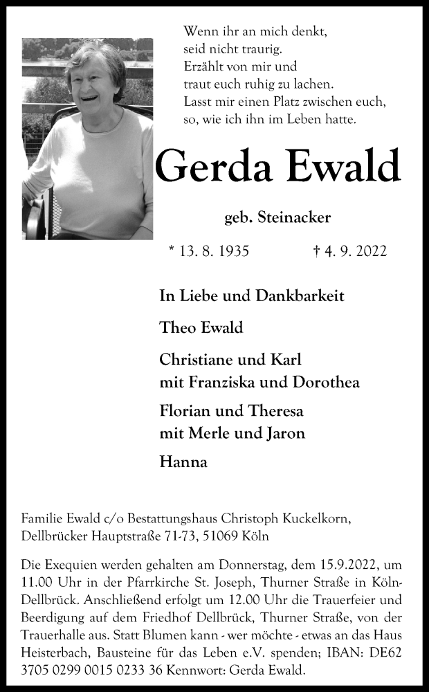  Traueranzeige für Gerda Ewald vom 10.09.2022 aus Kölner Stadt-Anzeiger / Kölnische Rundschau / Express