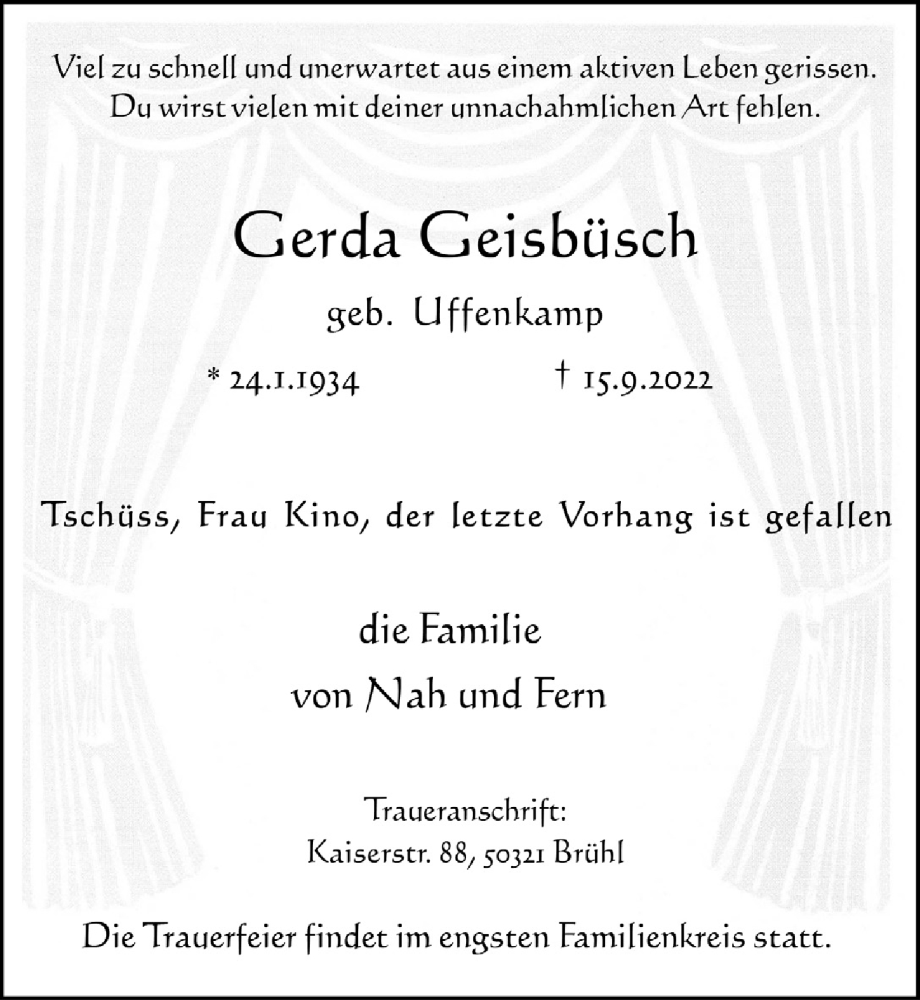  Traueranzeige für Gerda Geisbüsch vom 23.09.2022 aus  Schlossbote/Werbekurier 