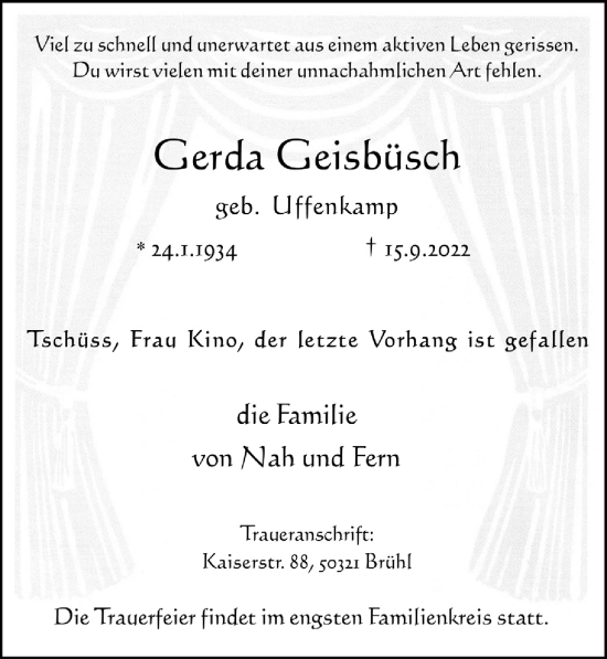 Anzeige von Gerda Geisbüsch von  Schlossbote/Werbekurier 