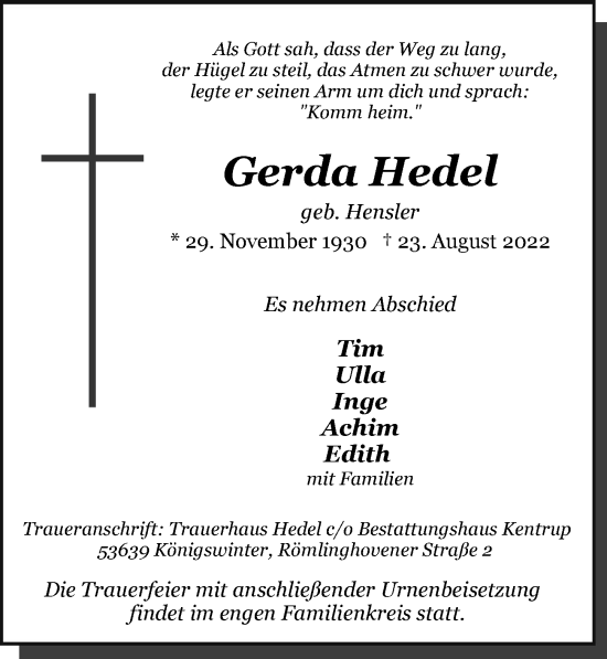 Anzeige von Gerda Hedel von  Extra Blatt 