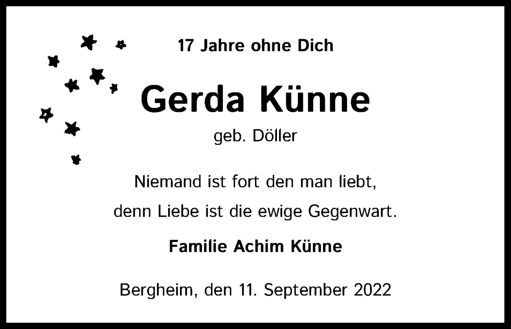  Traueranzeige für Gerda Künne vom 10.09.2022 aus Kölner Stadt-Anzeiger / Kölnische Rundschau / Express