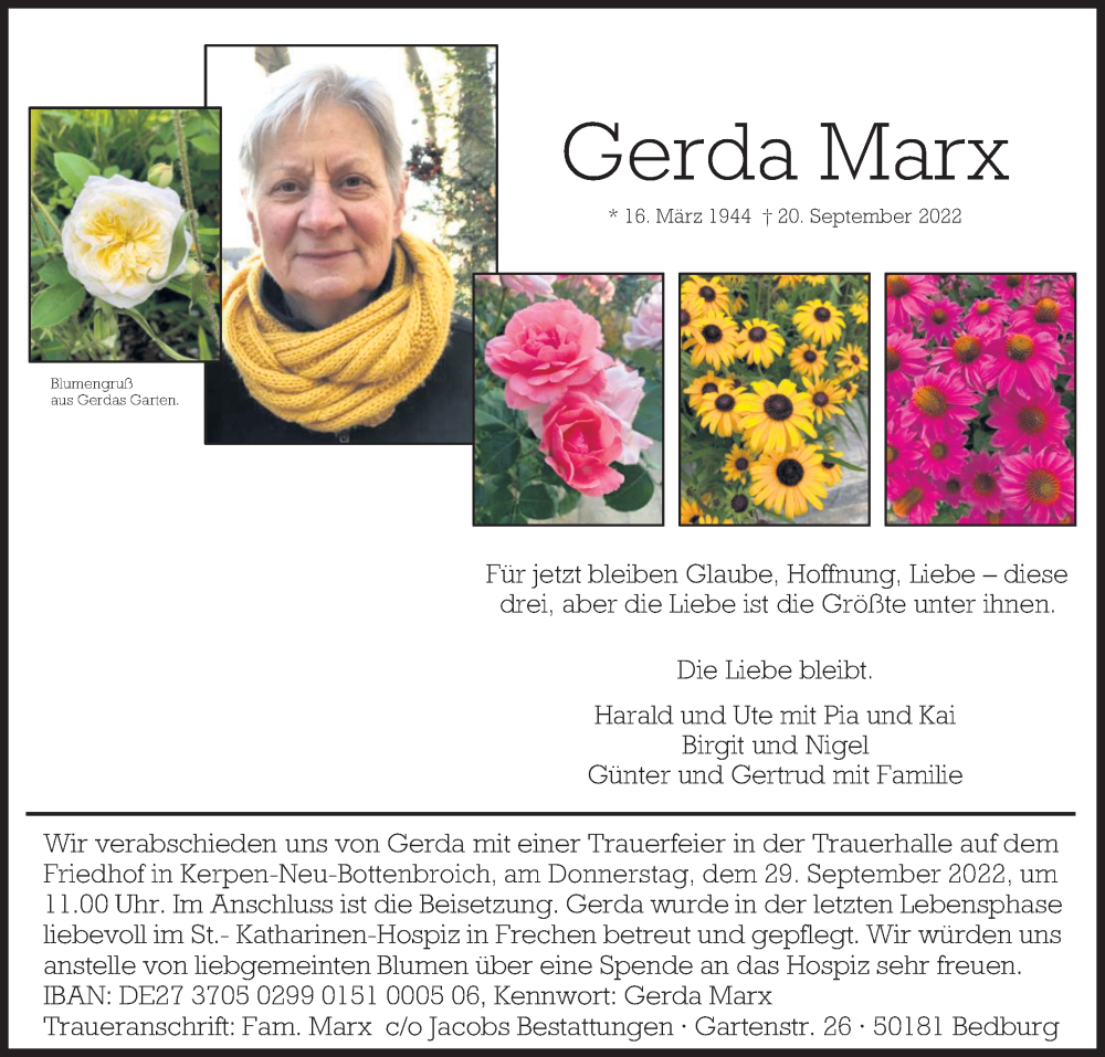  Traueranzeige für Gerda Marx vom 24.09.2022 aus Kölner Stadt-Anzeiger / Kölnische Rundschau / Express