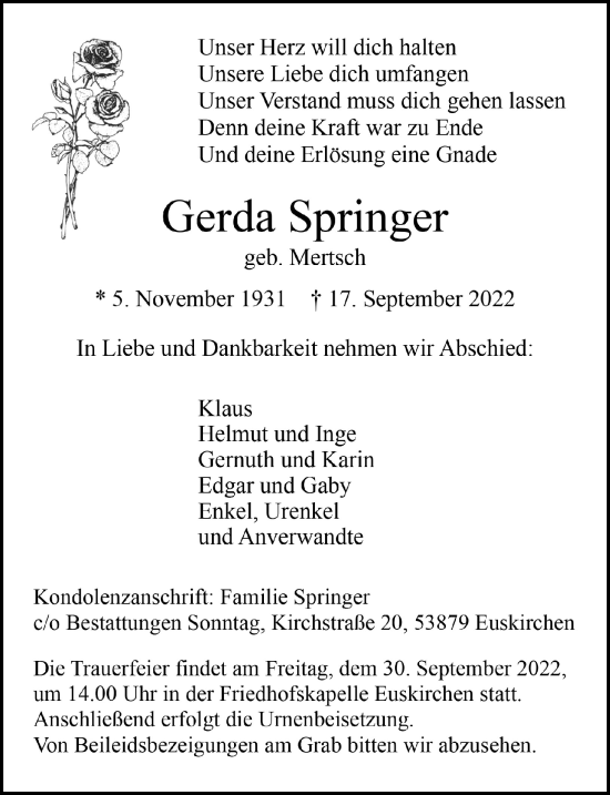 Anzeige von Gerda Springer von  Blickpunkt Euskirchen 