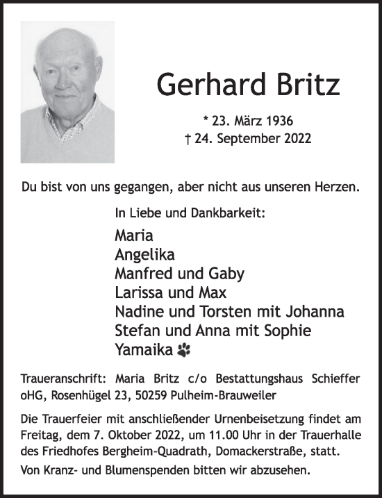 Anzeige von Gerhard Britz von  Wochenende  Werbepost 