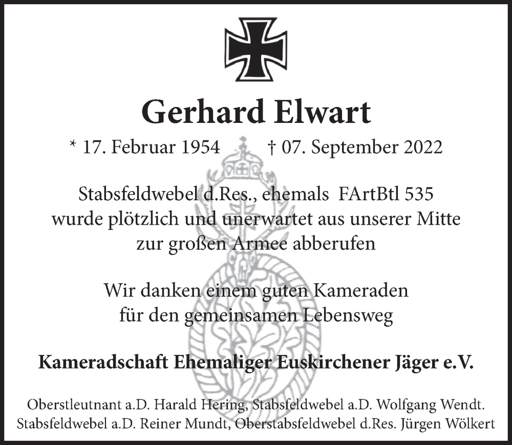  Traueranzeige für Gerhard Elwart vom 17.09.2022 aus  Blickpunkt Euskirchen 