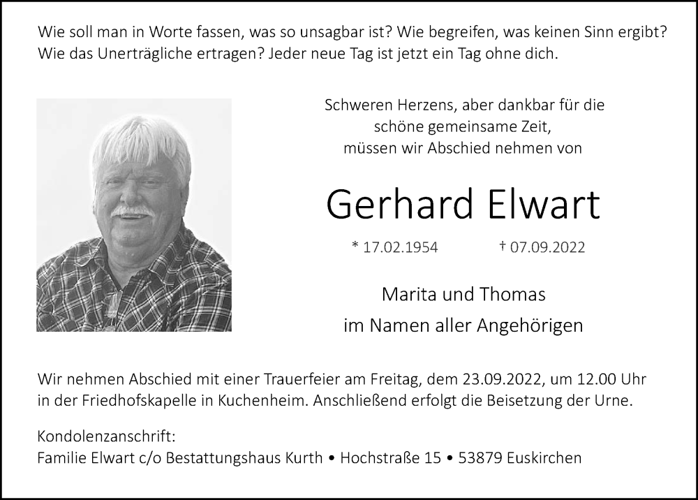  Traueranzeige für Gerhard Elwart vom 17.09.2022 aus  Blickpunkt Euskirchen 