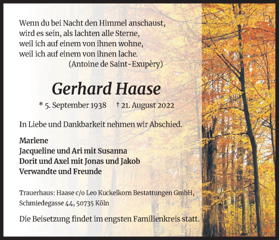 Anzeige von Gerhard Haase von Kölner Stadt-Anzeiger / Kölnische Rundschau / Express