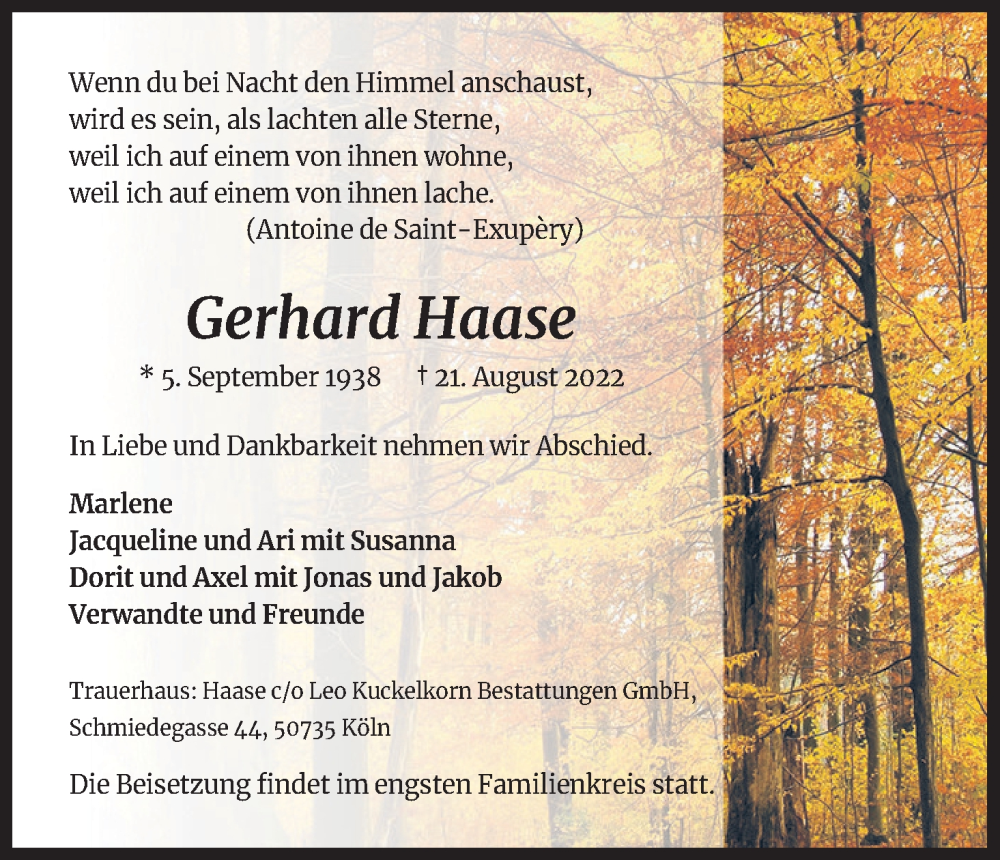  Traueranzeige für Gerhard Haase vom 03.09.2022 aus Kölner Stadt-Anzeiger / Kölnische Rundschau / Express