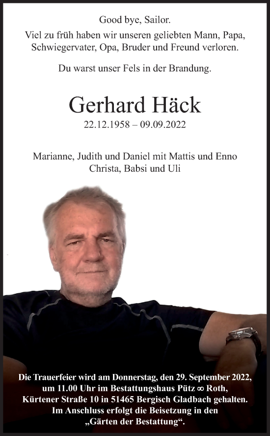 Anzeige von Gerhard Häck von Kölner Stadt-Anzeiger / Kölnische Rundschau / Express